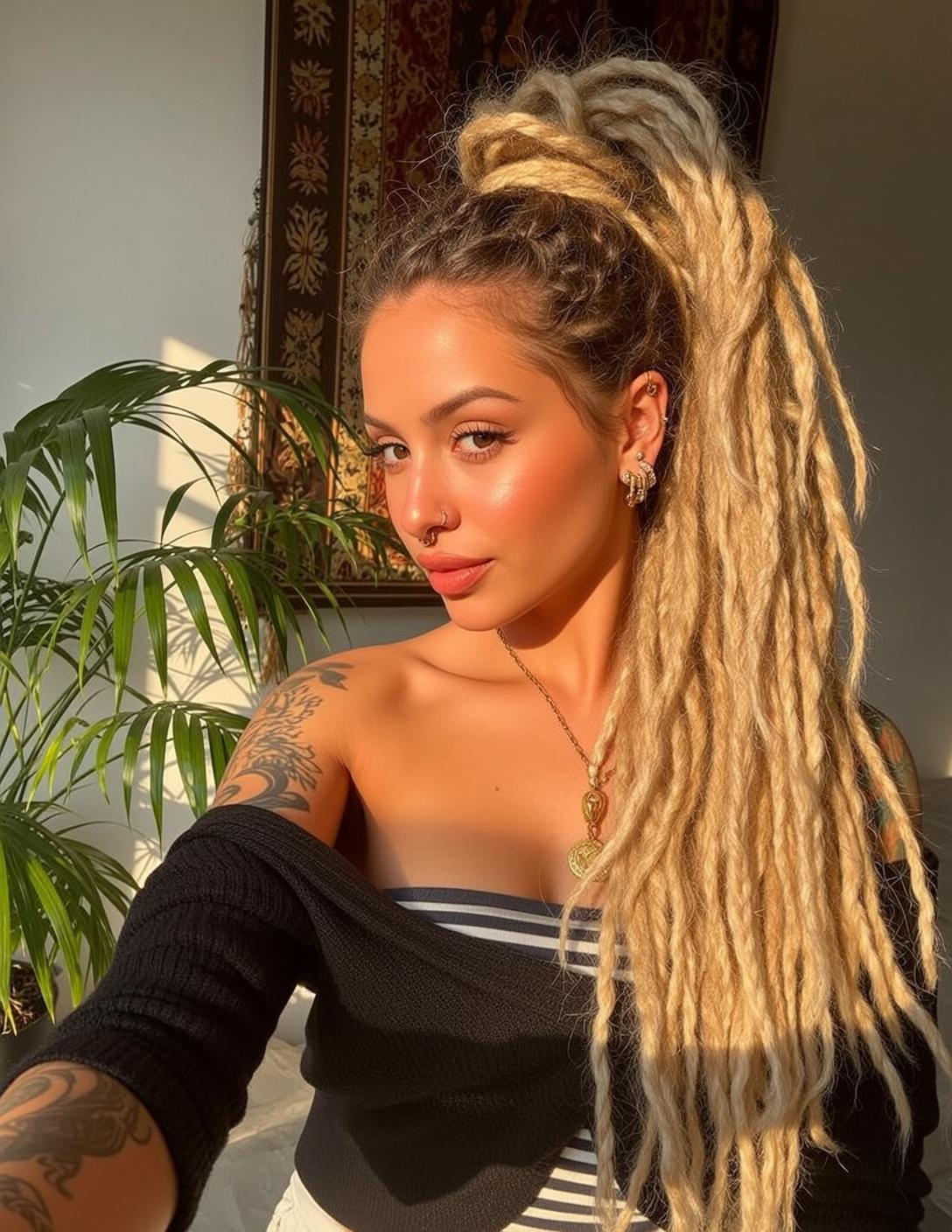 Blonde Dreadlocks Woman Black Top Gold Jewelry Bed