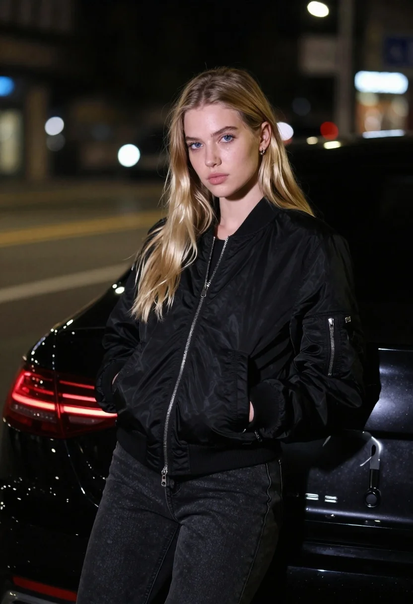 A young woman with long blonde hair leaning against a black sedan, illuminated by a harsh frontal spotlight, showing a serious expression.