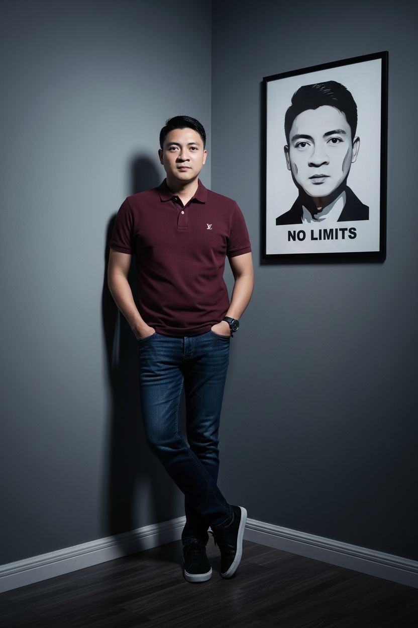 A full-body portrait of a confident man in a maroon polo shirt, leaning against a minimalist wall with artistic decor.