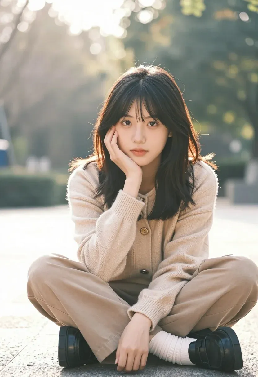Young Woman With Dark Hair Sits Outdoors Relaxed Pose Resting