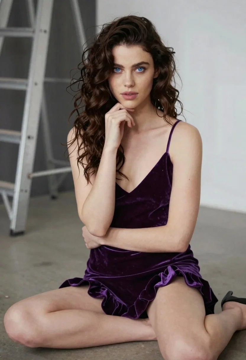Woman With Dark Wavy Hair Sits The Floor Studio Setting reference photo