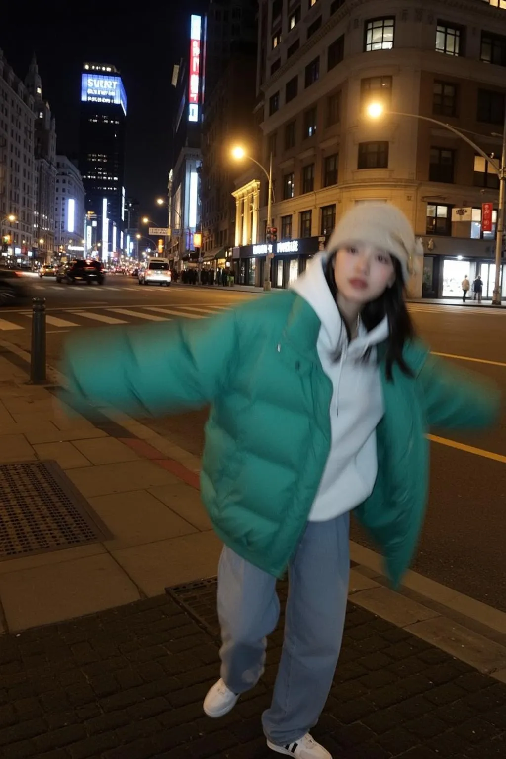 Woman Teal Puffy Jacket Outstretched Arms Playful Pose