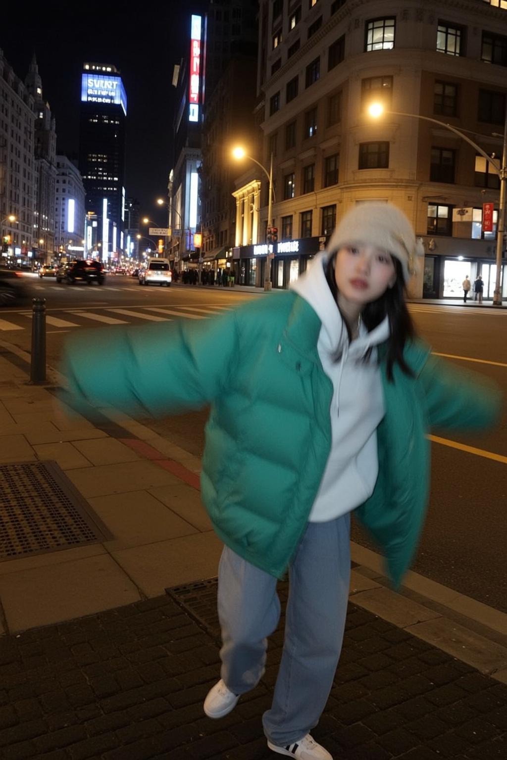 Woman Teal Puffy Jacket Outstretched Arms Playful Pose