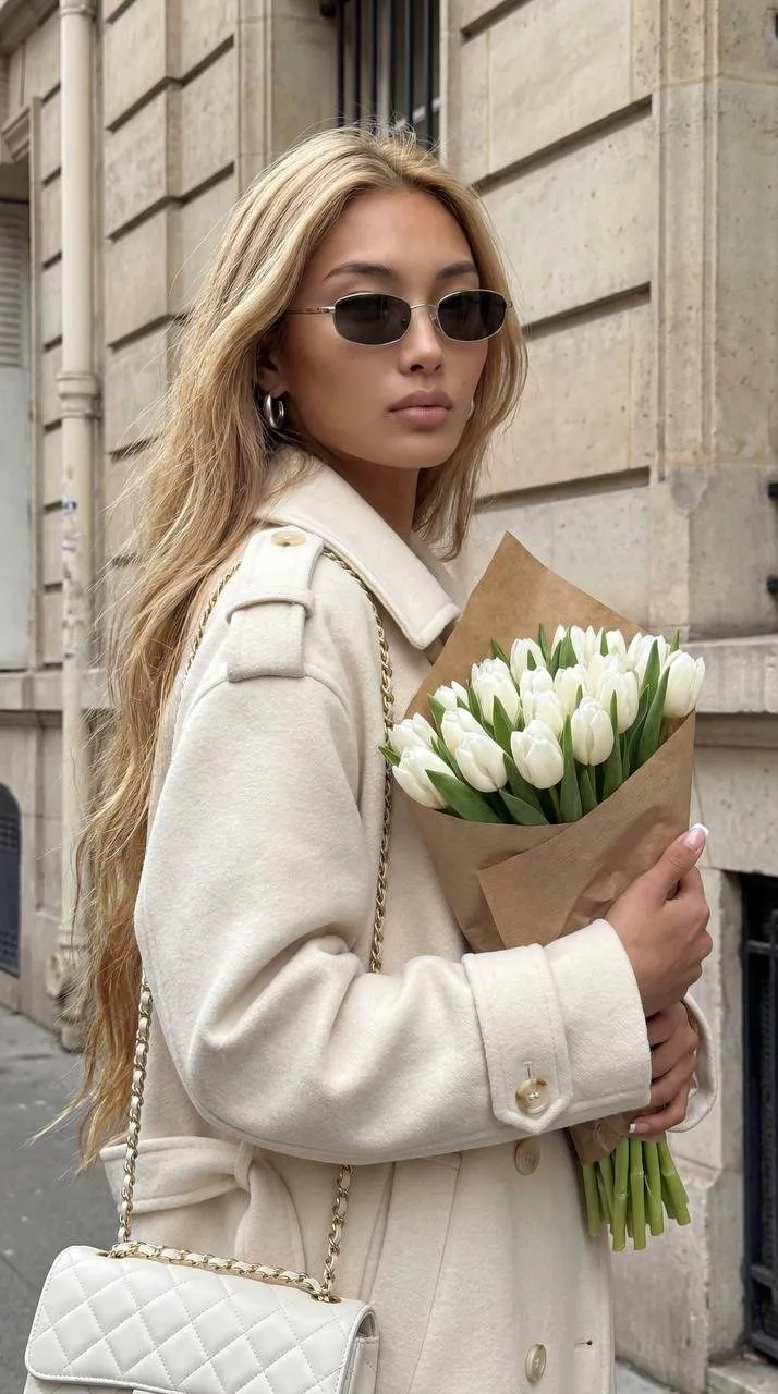 Cream Wool Coat White Tulips European Building
