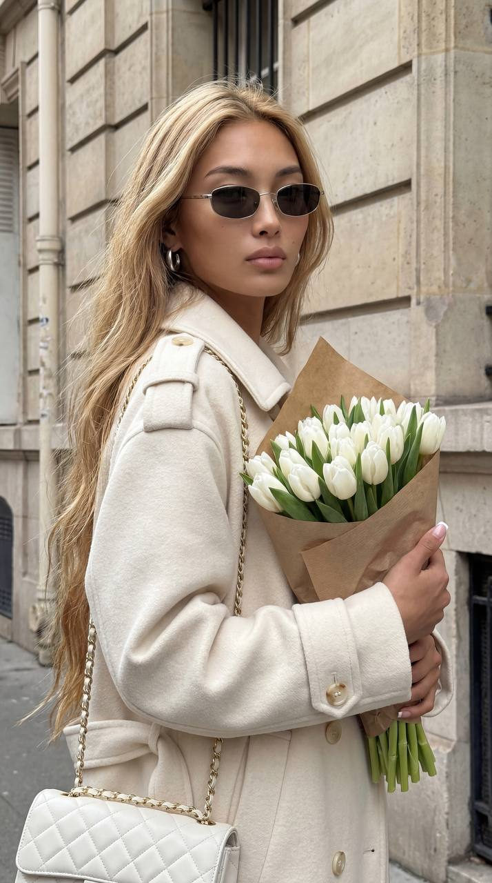 A woman in a cream wool coat holding white tulips, European building backdrop, soft daylight, elegant street style.