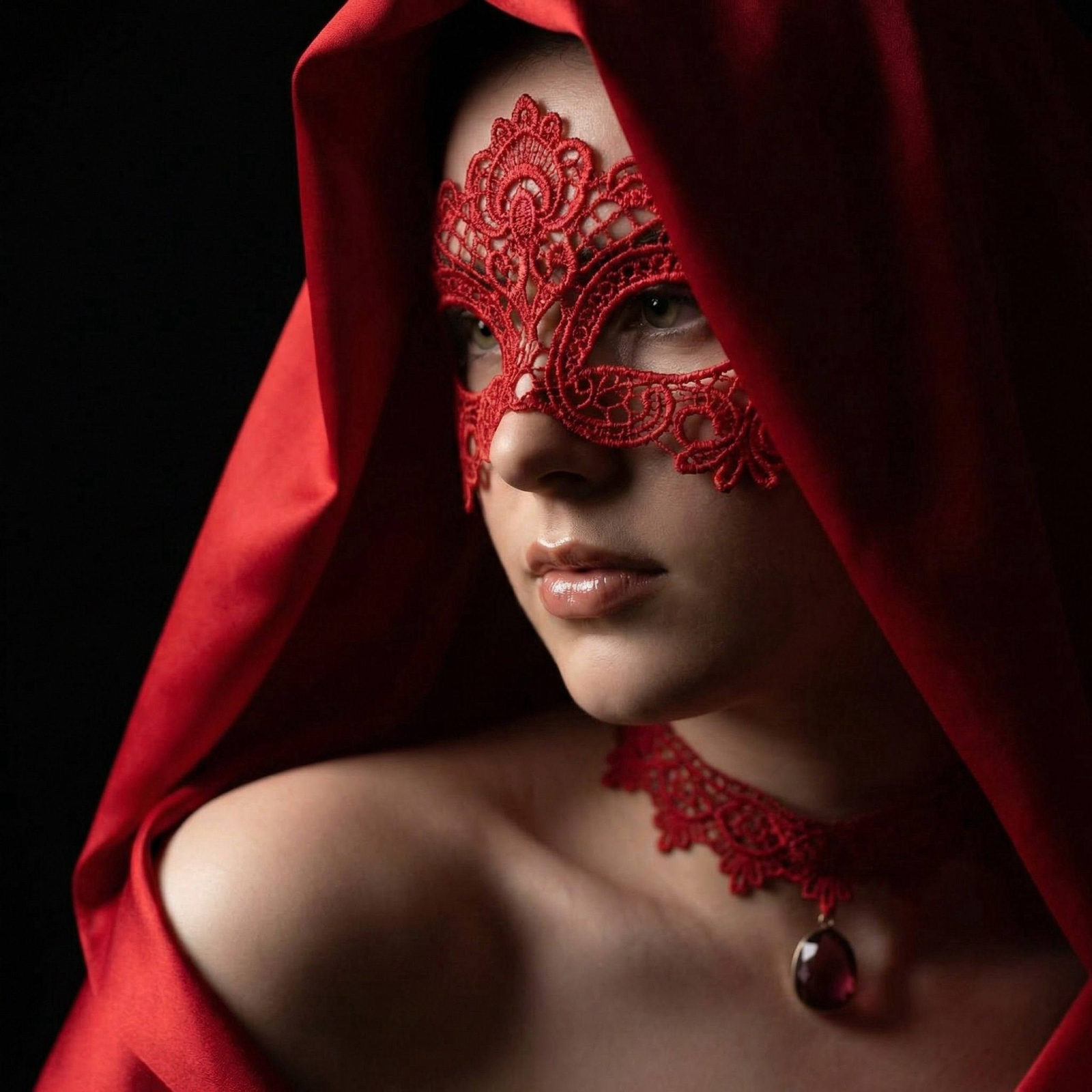 A close-up portrait of a masked woman wearing a red lace mask, her lips barely visible, with red silk draping around her shoulders.