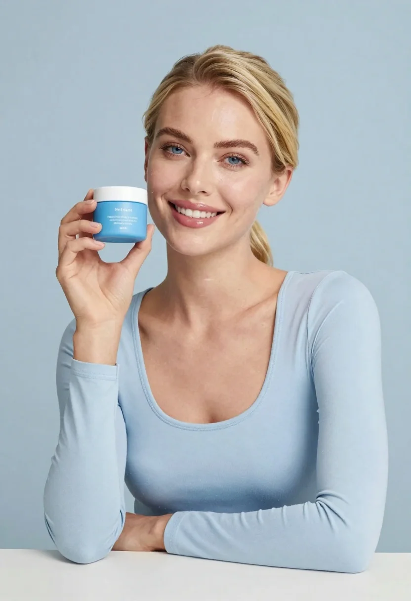 Smiling Woman With Blonde Hair Pulled Back Holds Small Blue reference photo