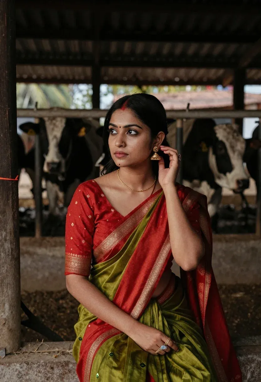 Young Woman Sits Dimly Lit Rustic Shelter With Cows Visible