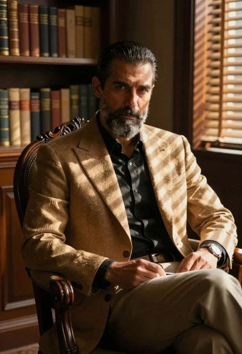 Cinematic Portrait Well-groomed Man With Dark Hair And Beard Sitting reference photo