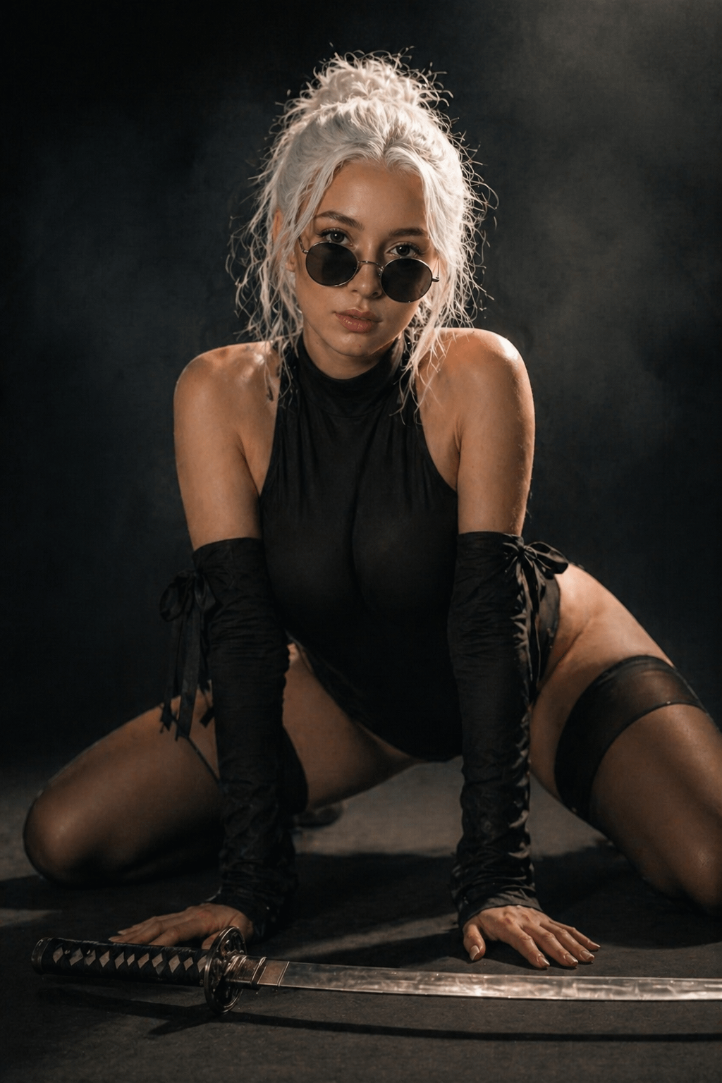Black Bodysuit Katana Low Crouch Dark Textured Surface