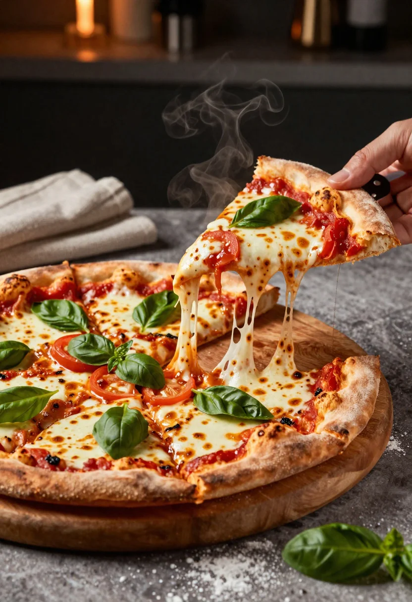 Food Photography Shot Freshly Baked Delicious Pizza Presented With Rich reference photo