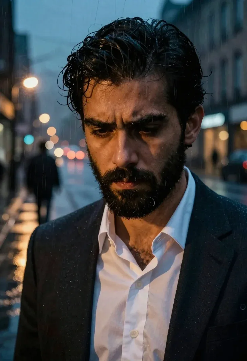 Split-screen Portrait Man With Dark Hair And Beard Juxtaposed Against