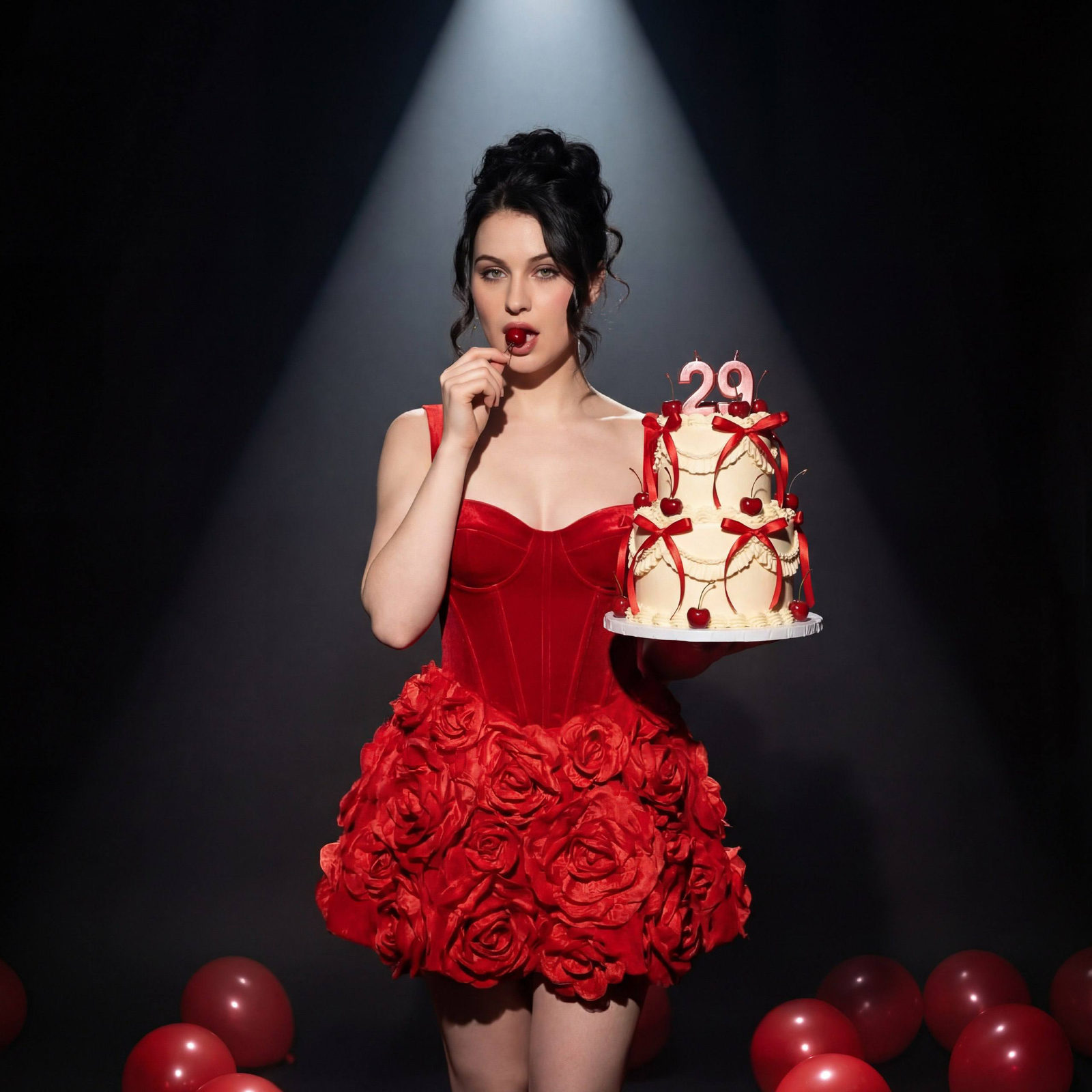A woman in a short red mini dress with flower appliqués, holding a cake with cherries.