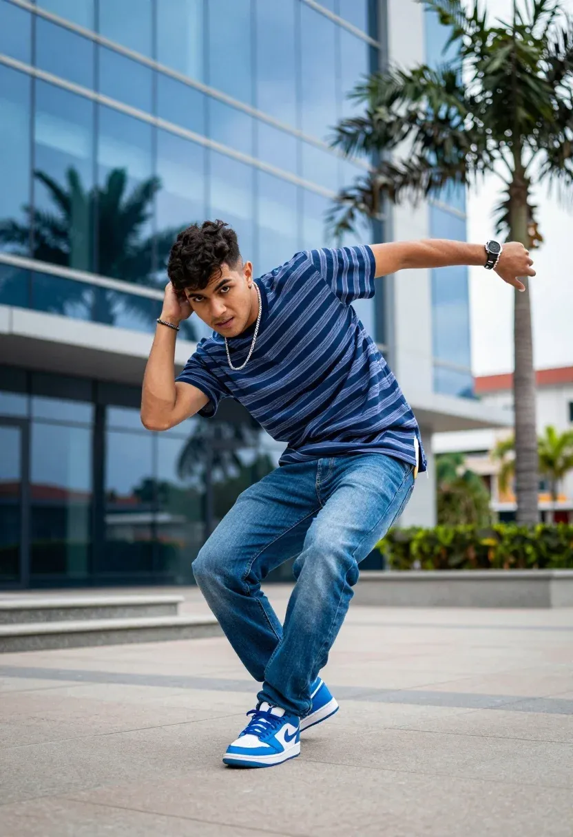 Young Man Striking Dynamic Dance Pose Front Modern Glass Building