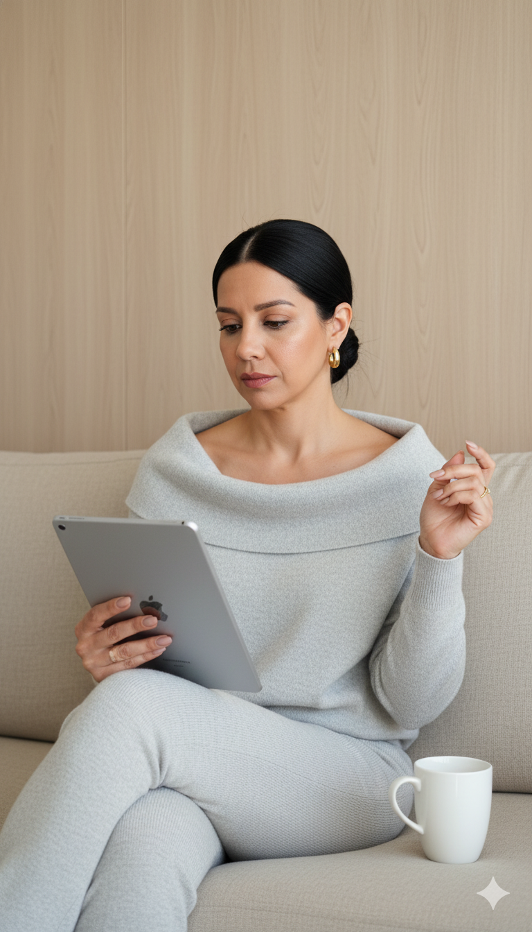 Mulher morena com coque elegante sentada em sofá beige, concentrada no tablet em ambiente moderno.