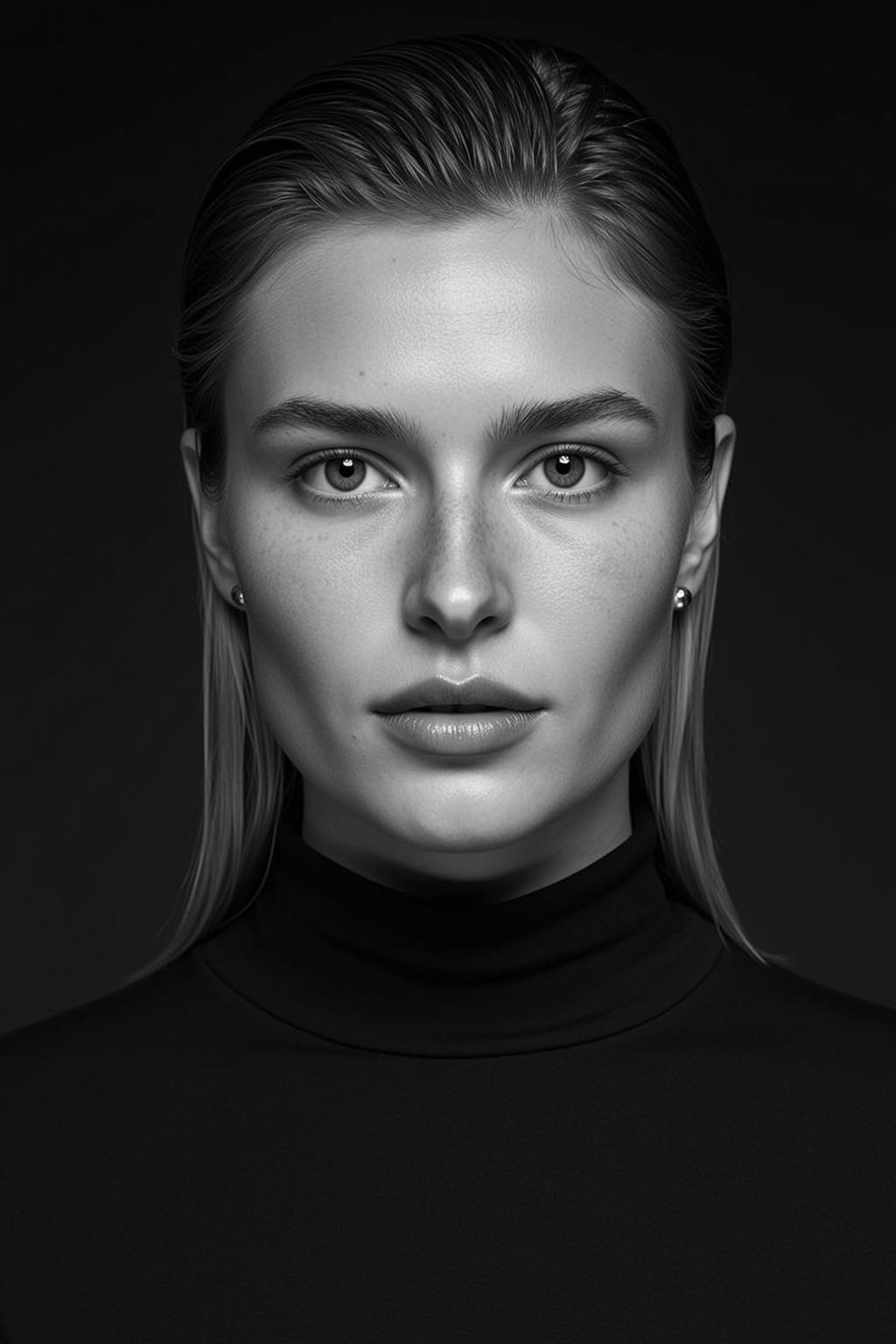 Photorealistic Black And White Head-and-shoulders Portrait Shows Young Woman With