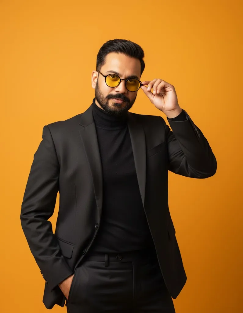 Sunglasses In Black Suit Studio Portrait