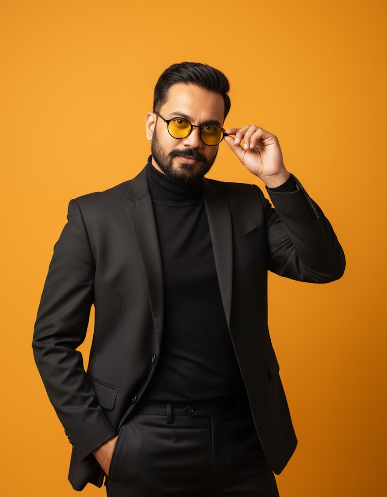 A person in a black suit and turtleneck wearing round sunglasses with yellow lenses, posing against a vibrant orange background.