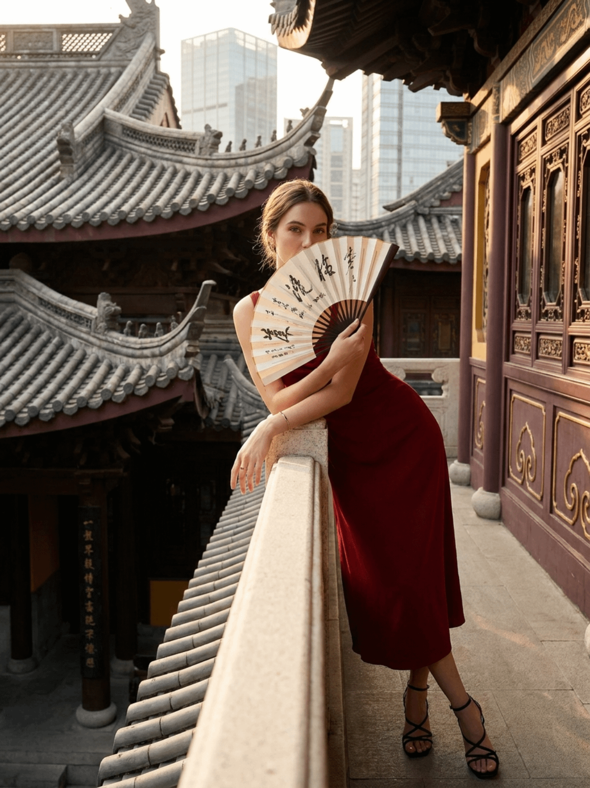 High Fashion Portrait Historic Chinese Temple Courtyard Balcony