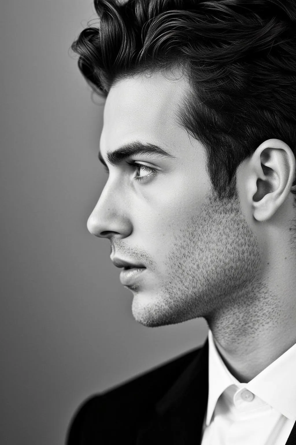 Photorealistic Black And White Medium Close-up Portrait Young Man Profile