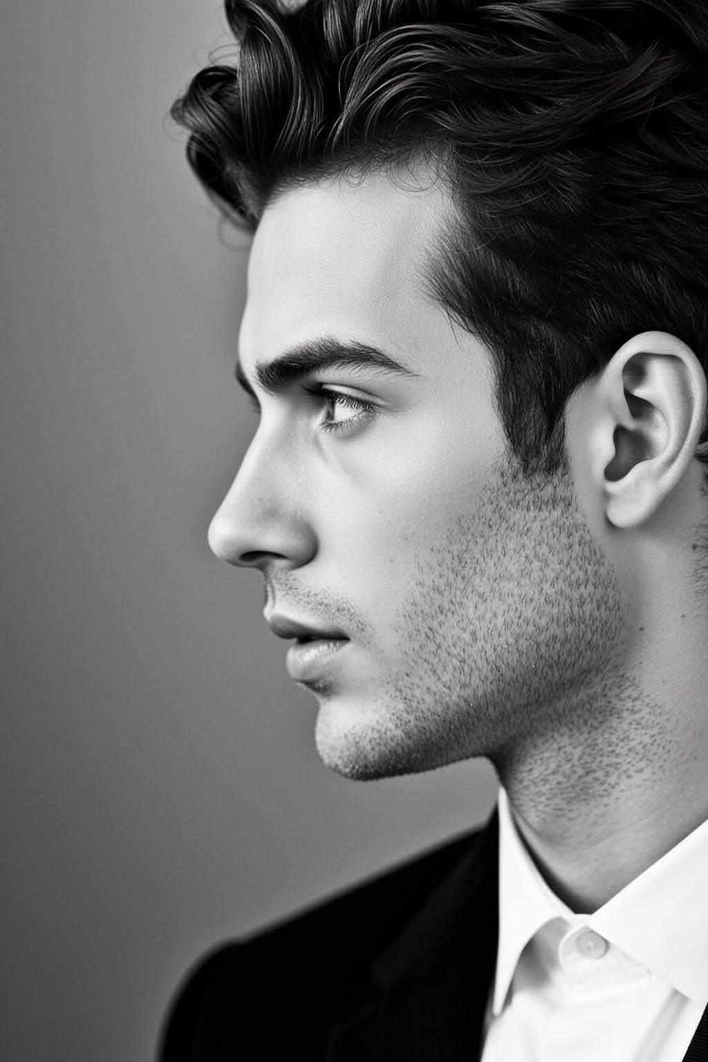 Photorealistic Black And White Medium Close-up Portrait Young Man Profile