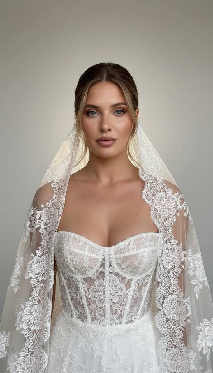 Shoulder-length portrait of a person in a strapless wedding corset with a long, floral lace veil, softly lit against a light gray background.