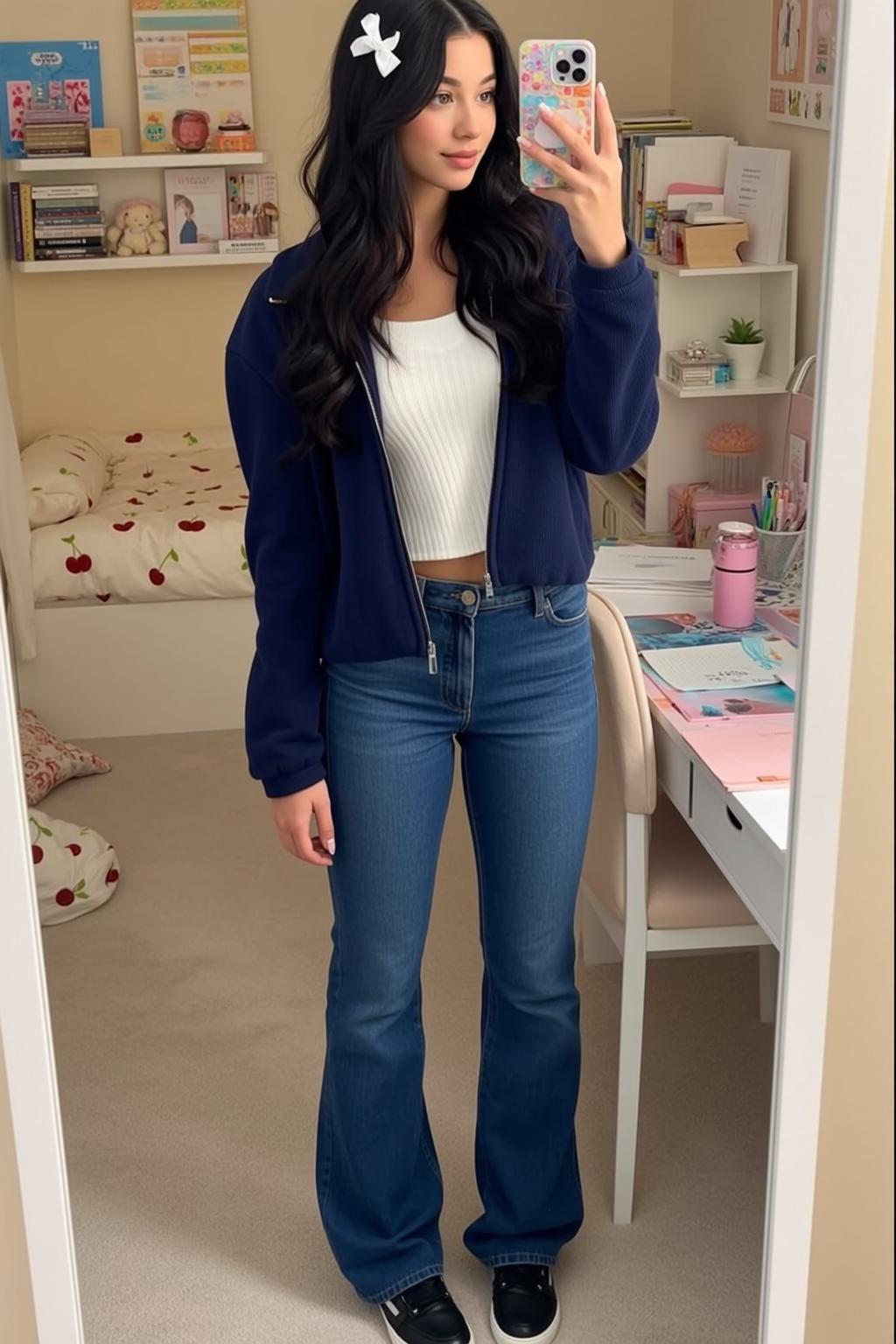 Bedroom Mirror Selfie Blue Jeans White Bow