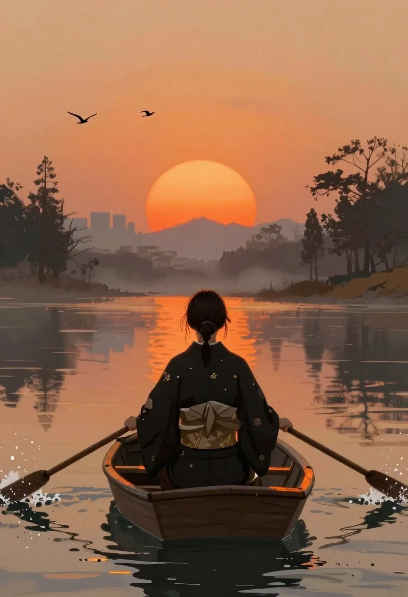 Digital Painting Solitary Figure Traditional Japanese Clothing Rowing Across Calm reference photo