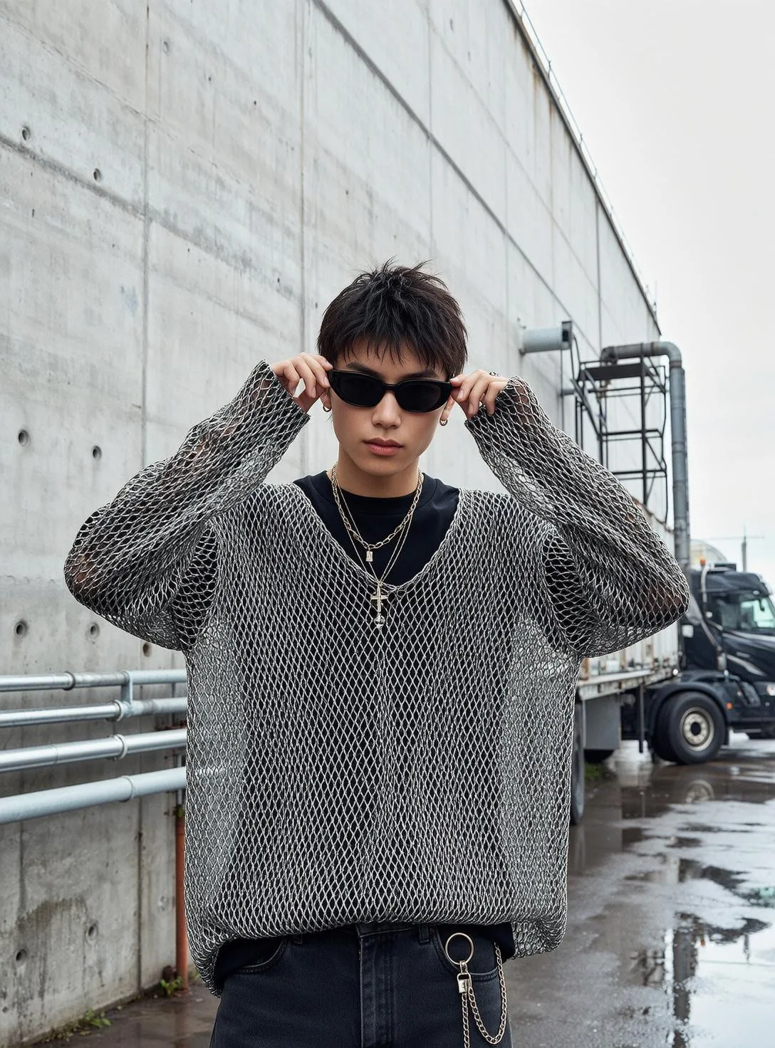 Sunglasses Earrings Necklace And Rings In Denim Portrait