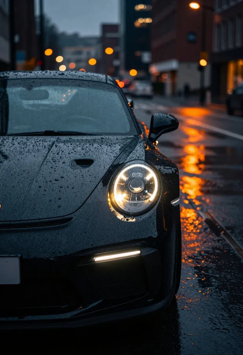 Close-up View Sleek Black Sports Car Parked Wet City Street
