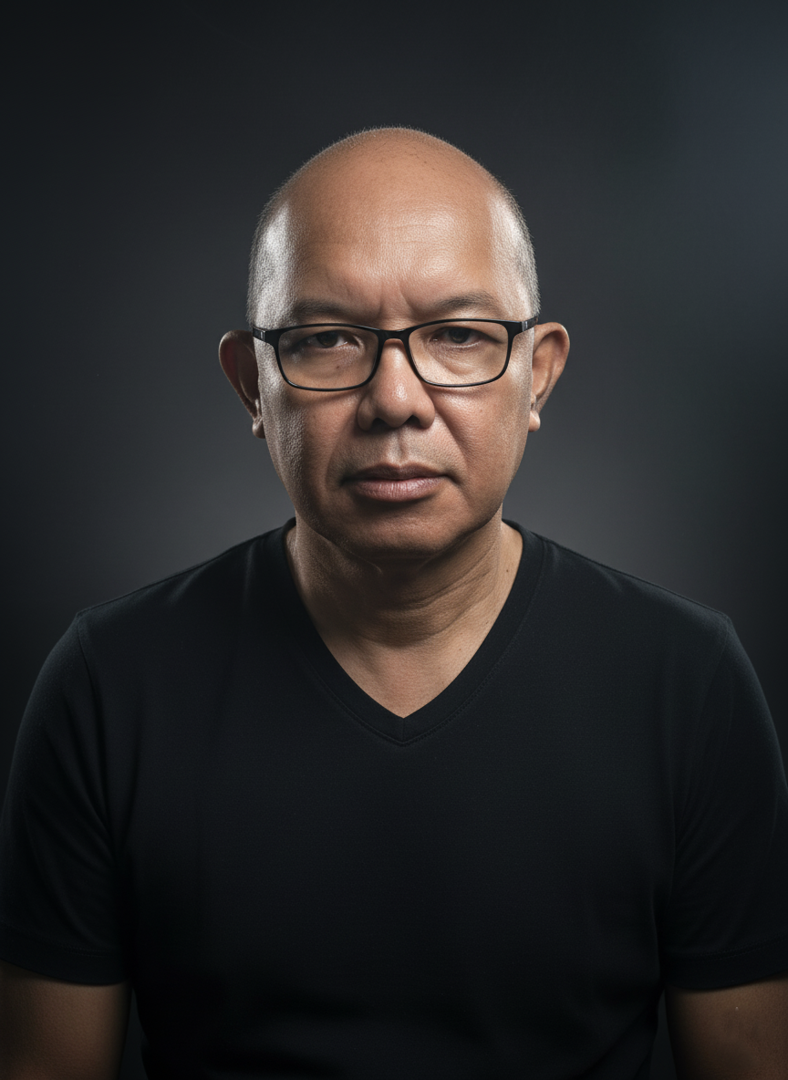 A hyper-realistic portrait of a 60-year-old Malay man, confidently dressed in a black V-neck t-shirt, with dramatic lighting highlighting his features.