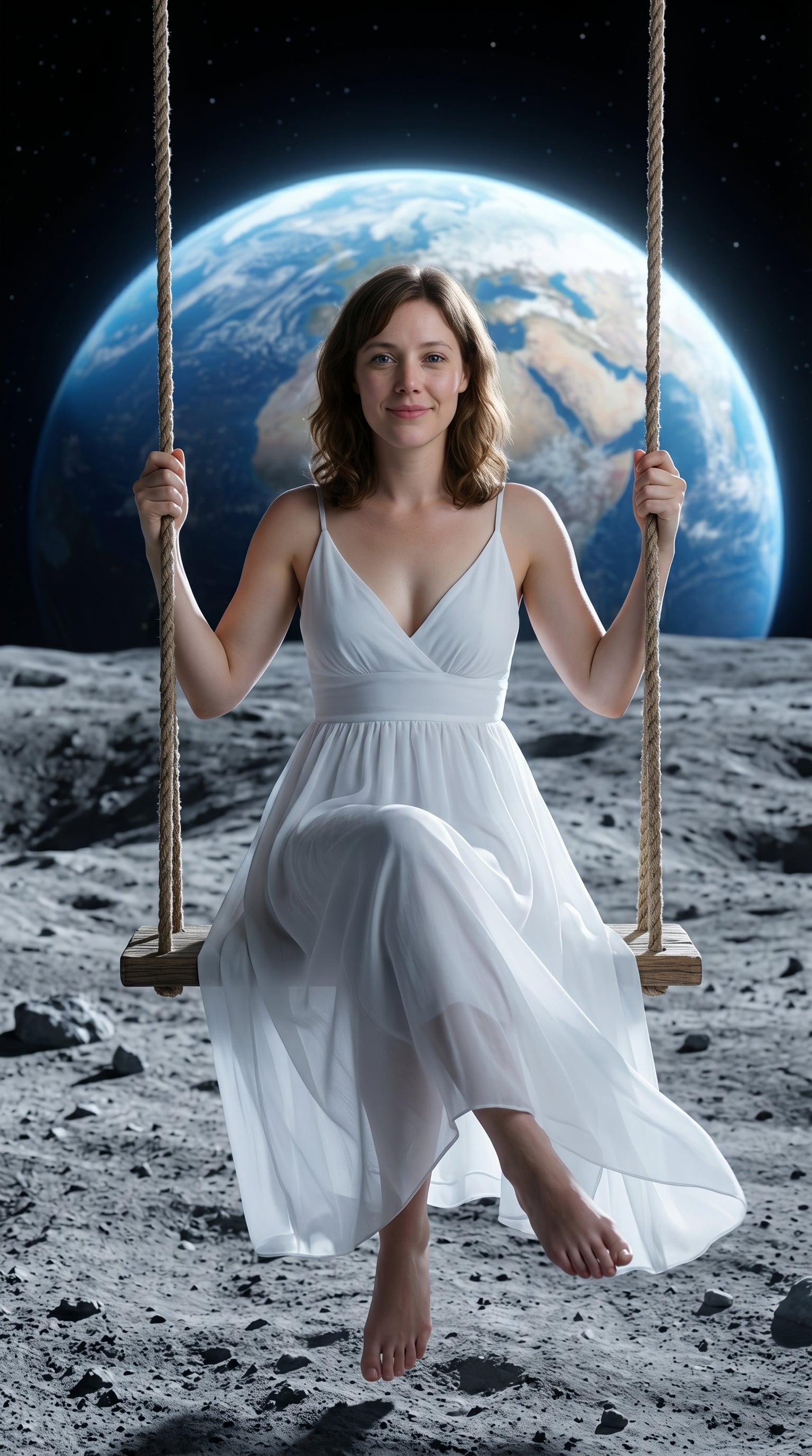 Lunar Rope Swing Serene Woman Calm Gaze