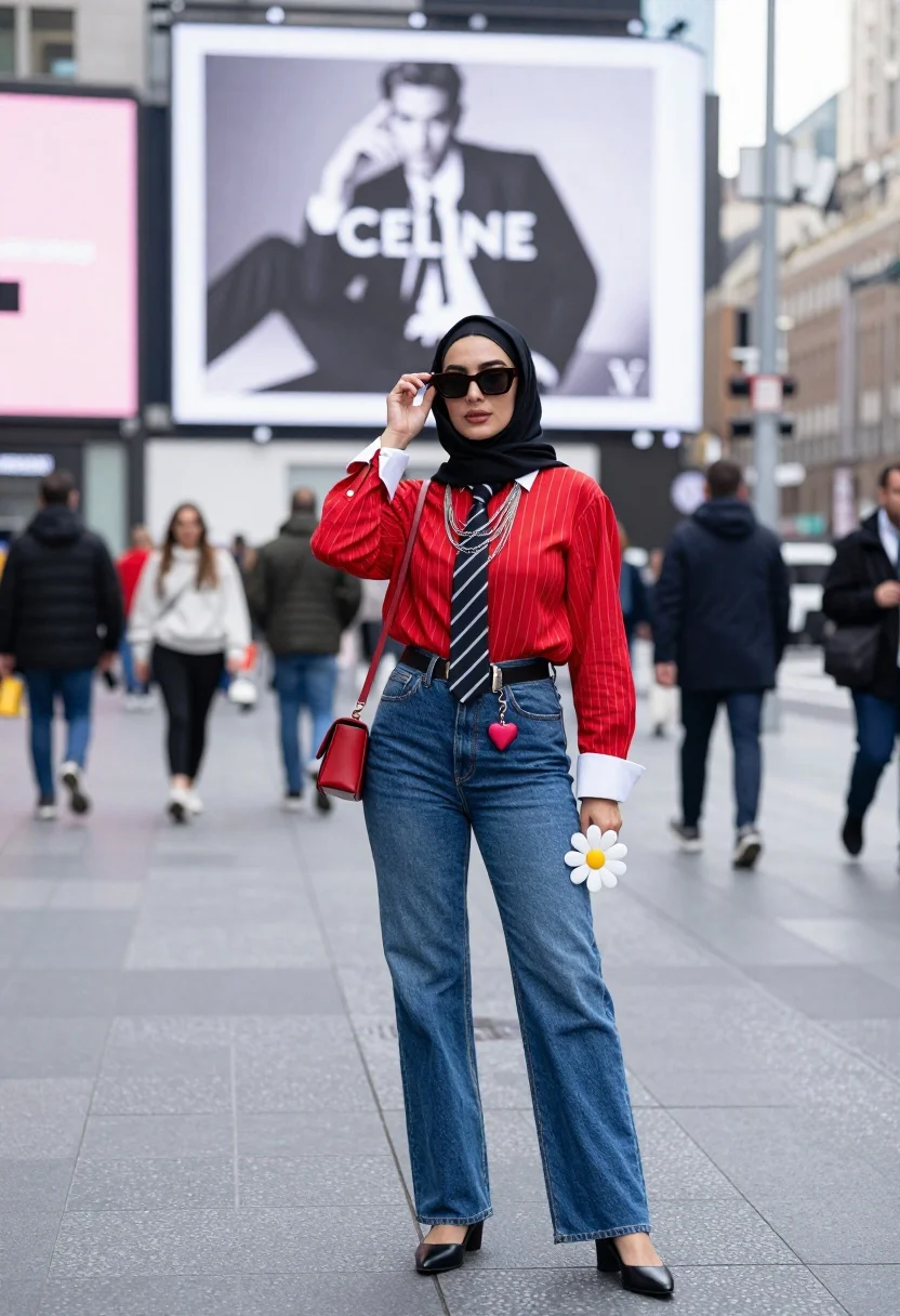 A stylish woman adjusting her sunglasses while holding a white daisy-shaped object in a busy city street.