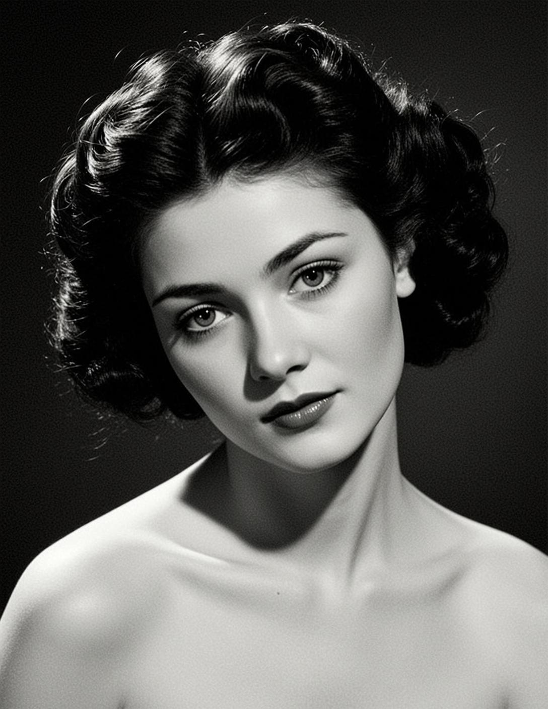 Black And White Medium Close-up Portrait Young Woman With Dark