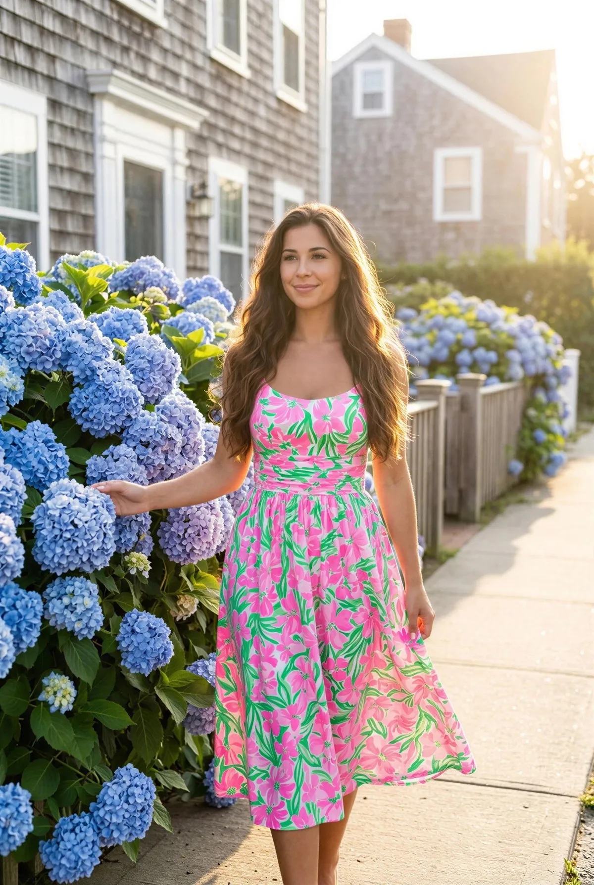 Strolling Sidewalk Blooming Hydrangeas Golden Hour