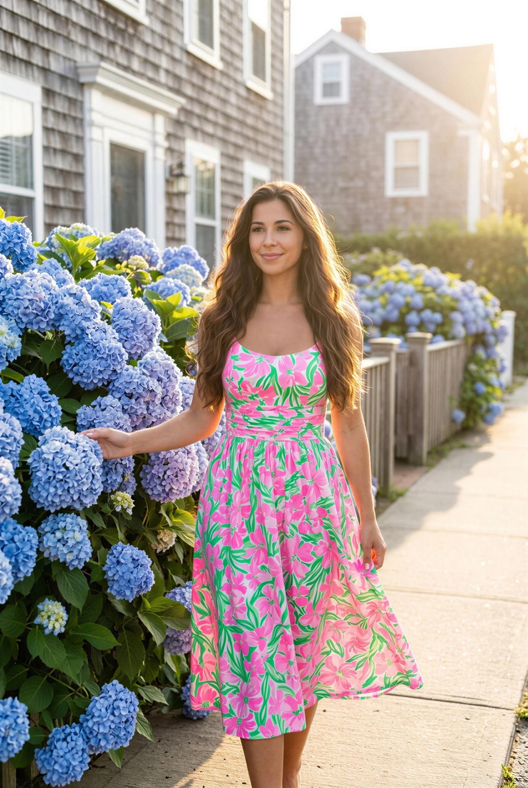 Strolling Sidewalk Blooming Hydrangeas Golden Hour