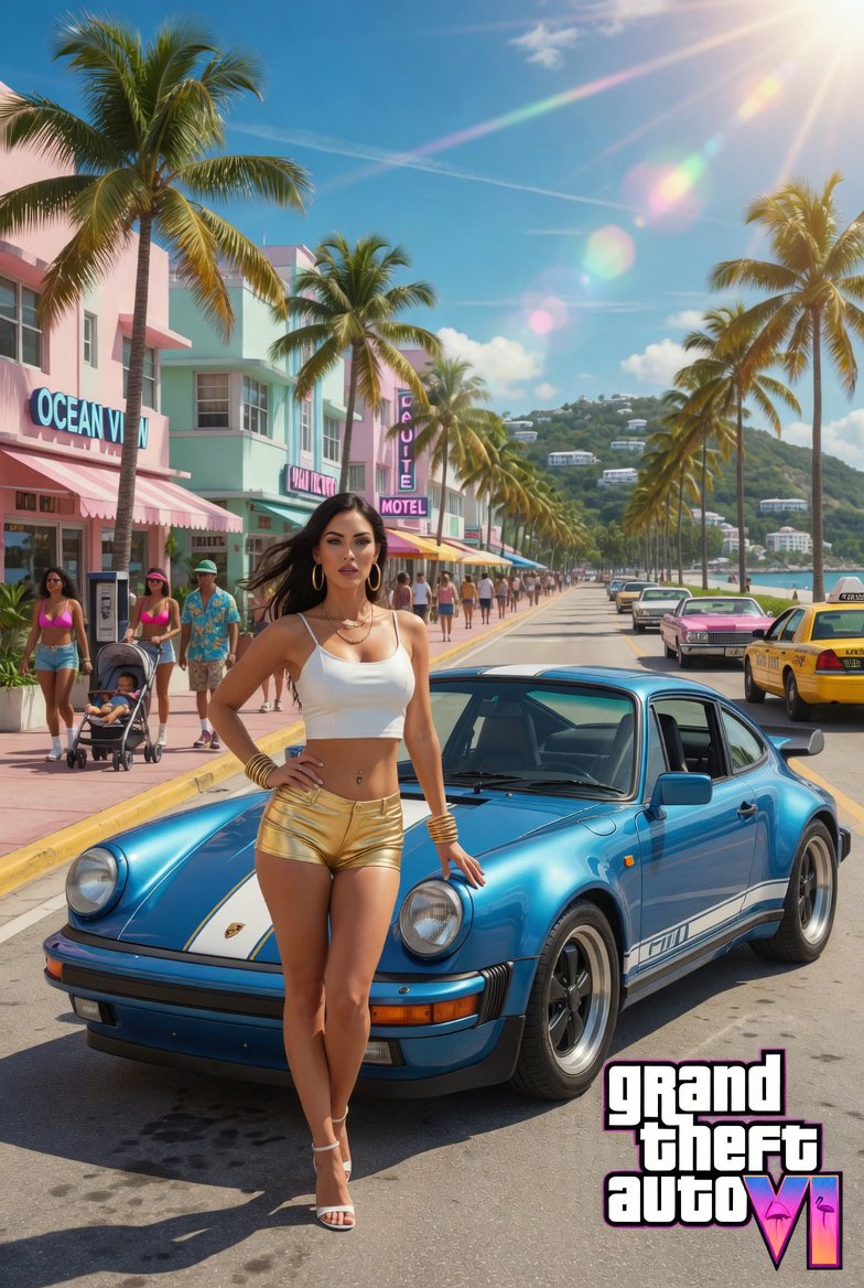 White Crop Top Gold Shorts Blue Porsche Street Scene