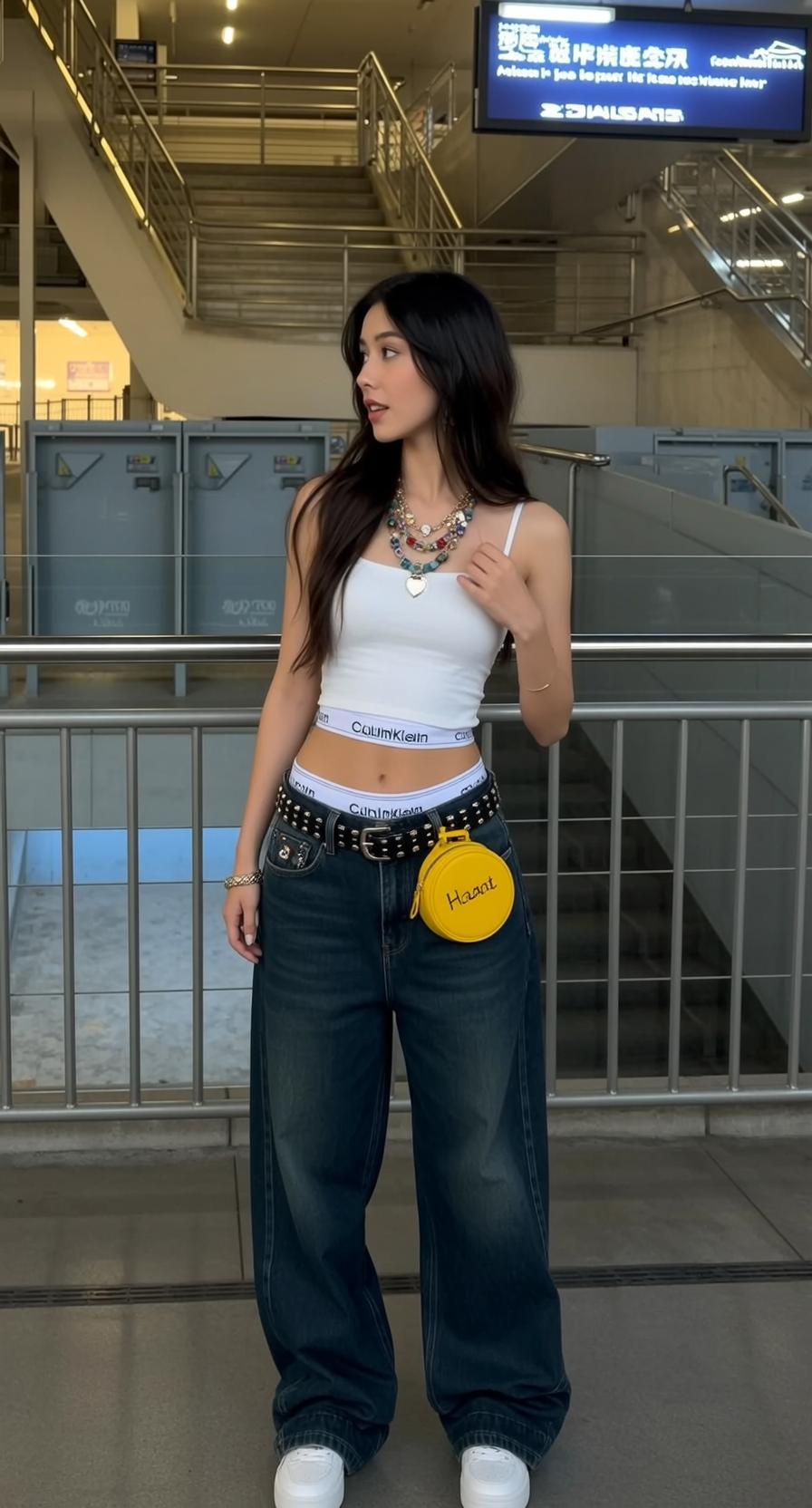 Public Transit Station Spaghetti Strap Crop Top Baggy Jeans