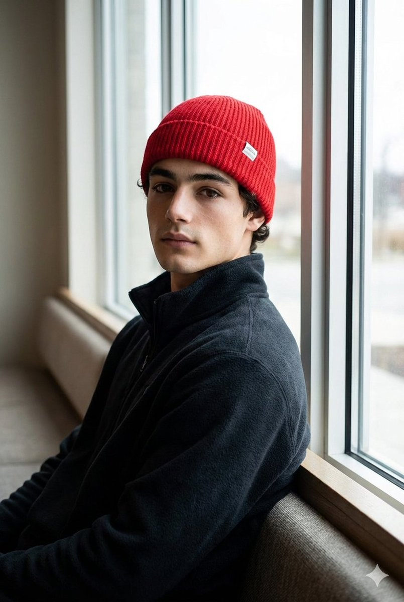 A high-resolution portrait of a man wearing a bright red knit cap, seated on a bench near a large window.