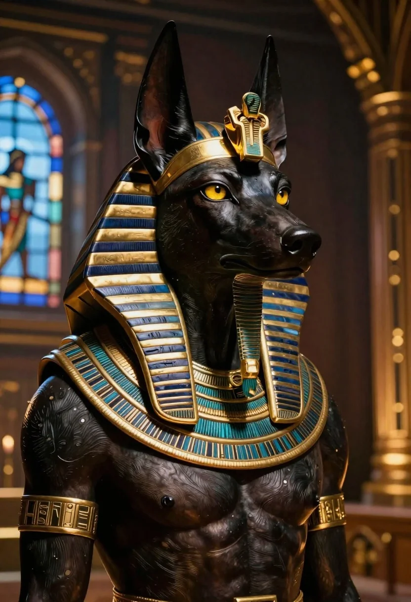 Hyper-realistic Close-up Dark-skinned Canine Figure Resembling Anubis With Golden Eyes reference photo