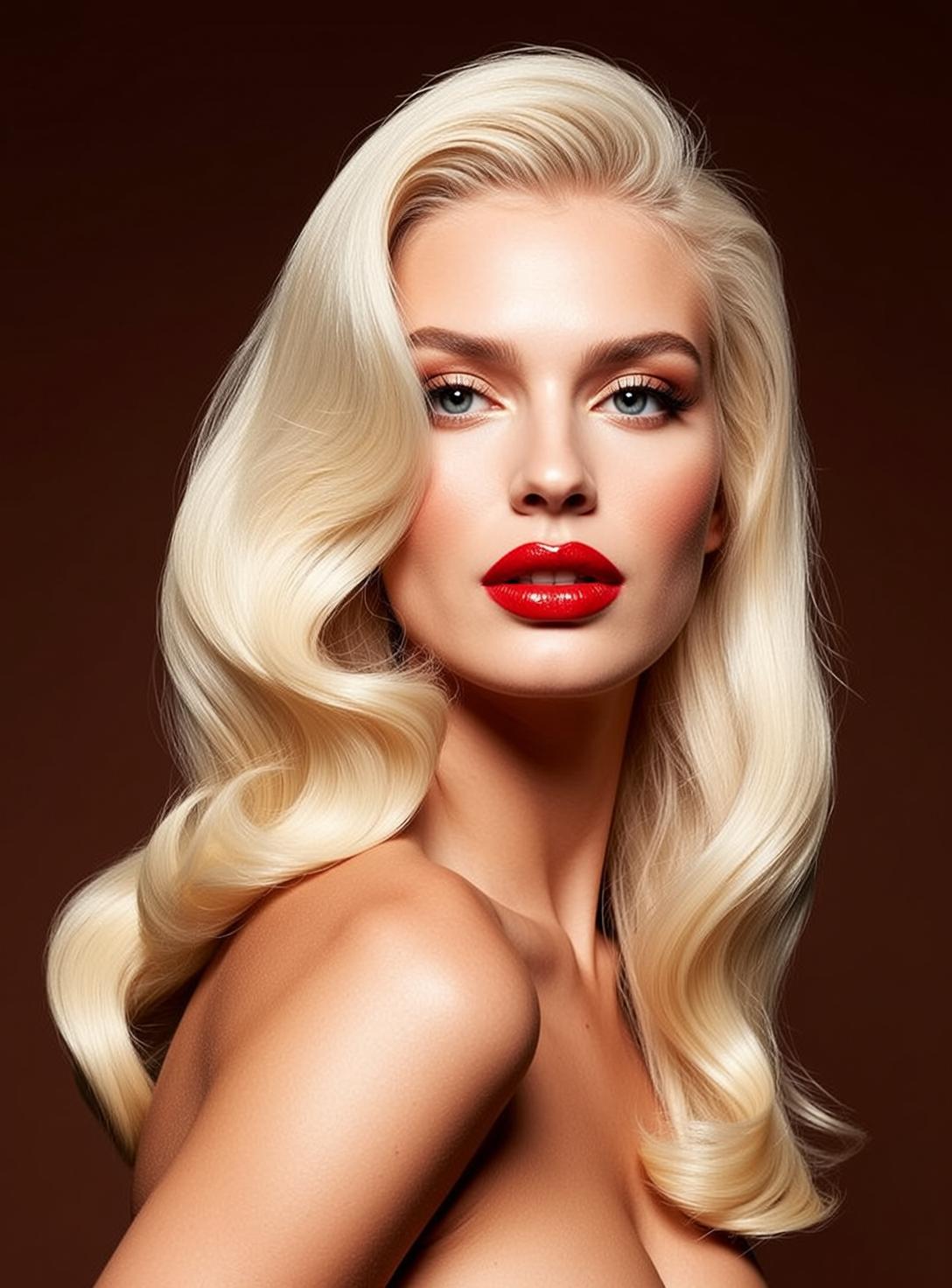 Blonde Hollywood Waves Red Lipstick Glamour Shot