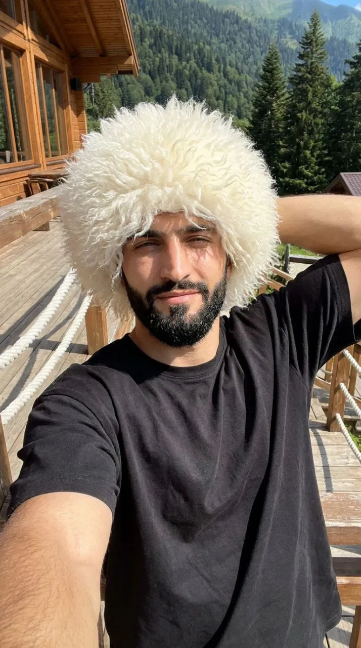 Mountain Cabin Terrace Selfie Papakha Hat