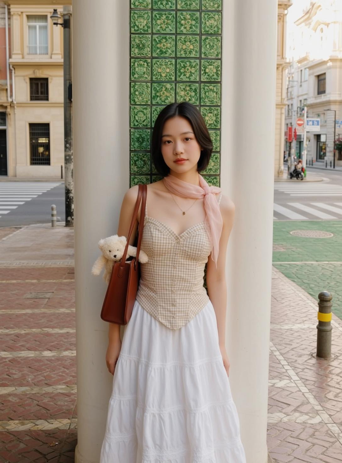 Balletcore Stands Leaning Against White Column Her
