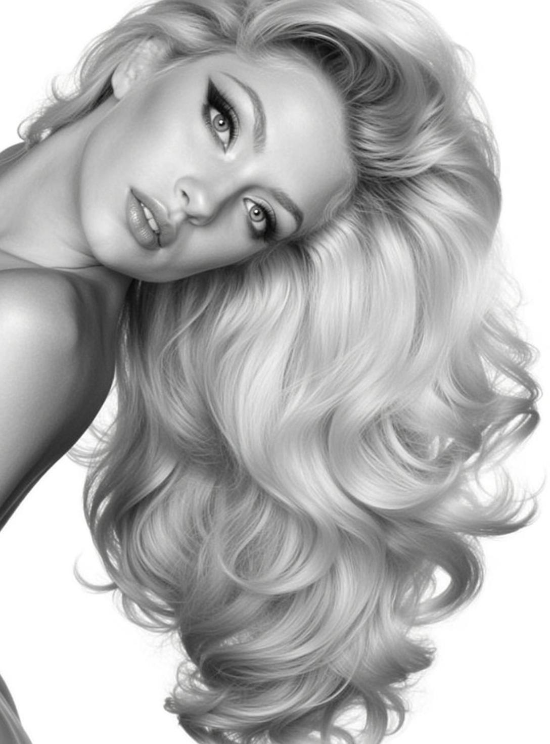 Photorealistic Black And White Close-up Portrait Young Woman With Fair