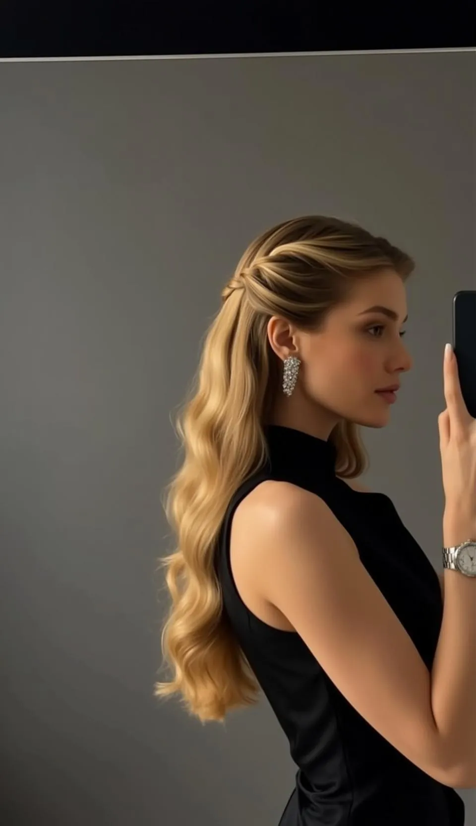 Blonde Woman Studio Selfie Chandelier Earrings