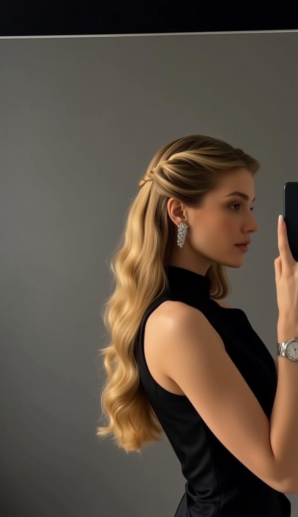 Blonde Woman Studio Selfie Chandelier Earrings