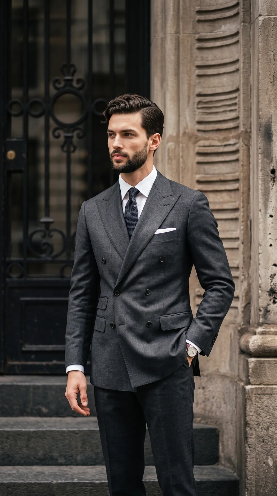 Charcoal Suit Classic Taper Haircut