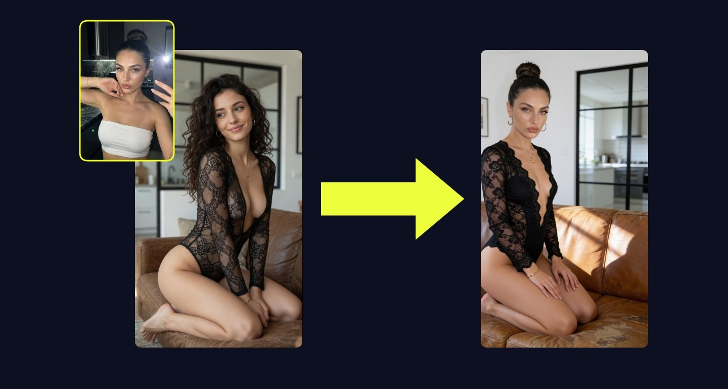 Lily remix walkthrough for Kneeling Black Lace Bodysuit Cognac Sofa Modern Living Room