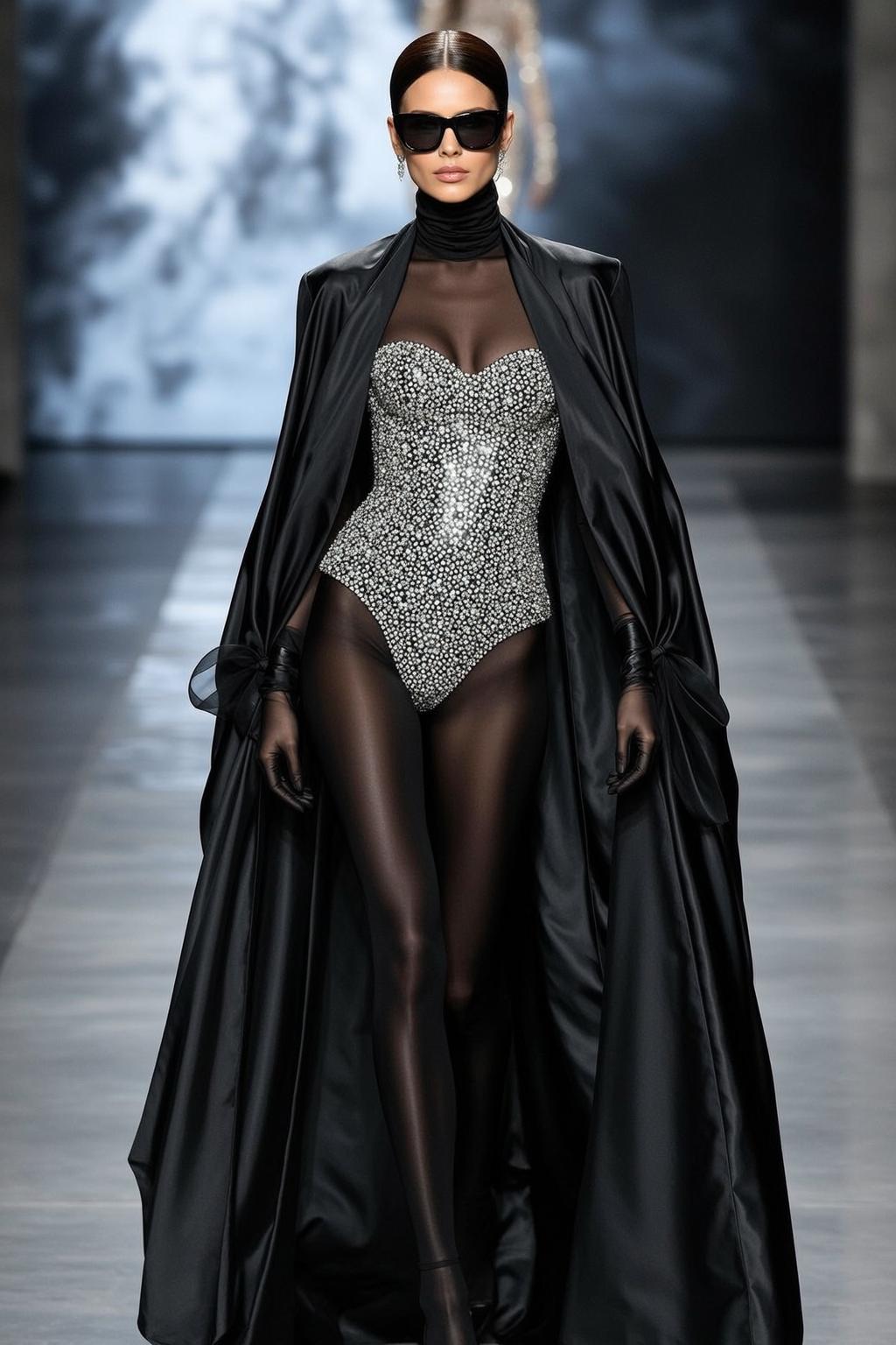 Sparkling Bustier Model On Runway Dramatic Spotlight