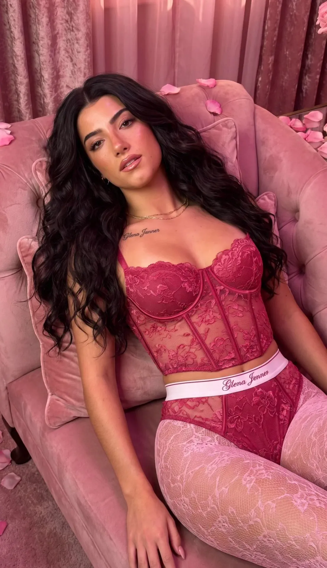 Reclining In Pink Chair Burgundy Lace Corset